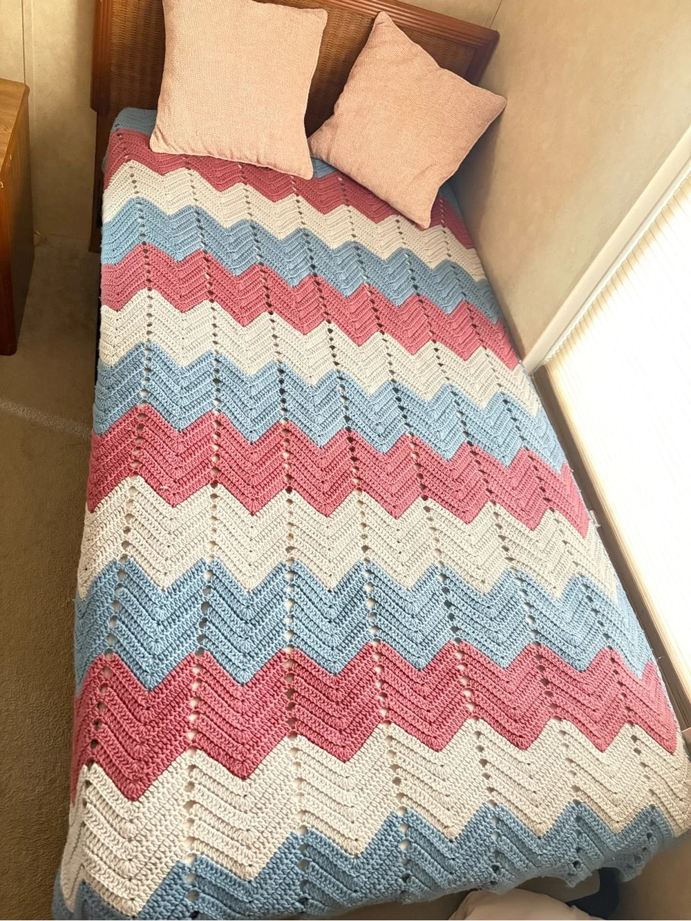 Hand Crocheted Chevron Ripple Afghan Throw Blanket Pink Blue Cream Twin Vintage